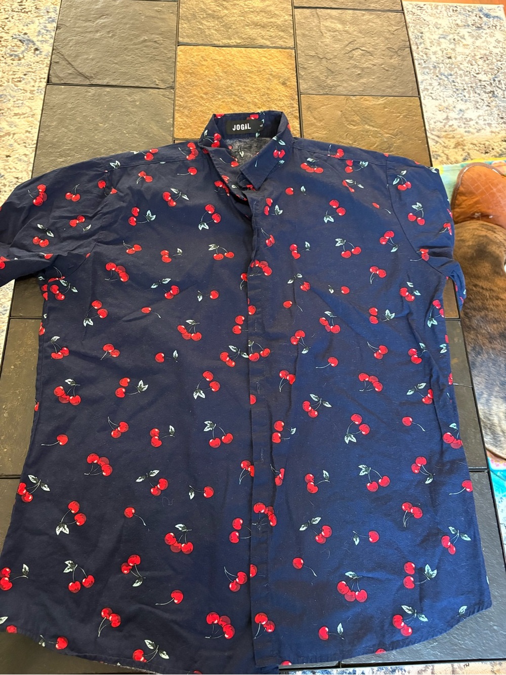 Jogil Navy Cherry Print Short Sleeve Shirt